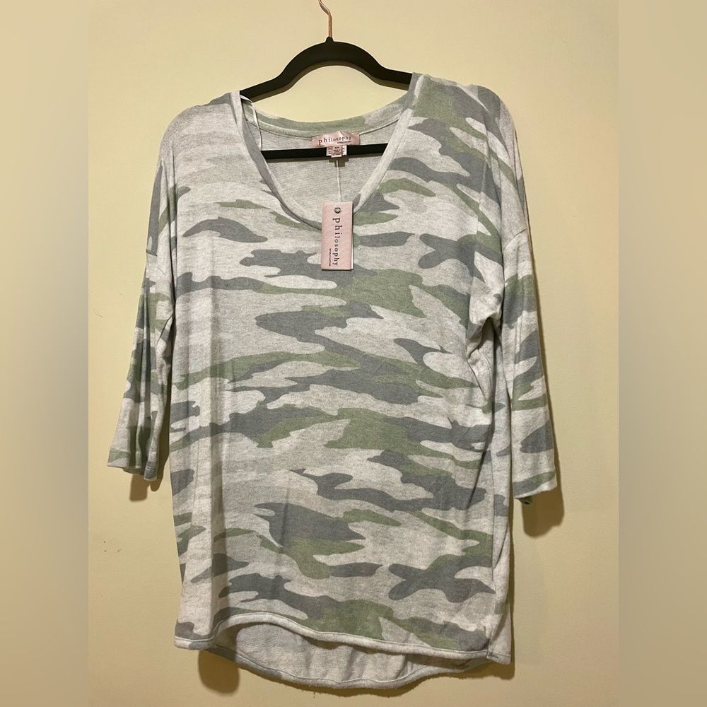 Philosophy - Army Green Camo Top with Three Quarter Sleeves - S